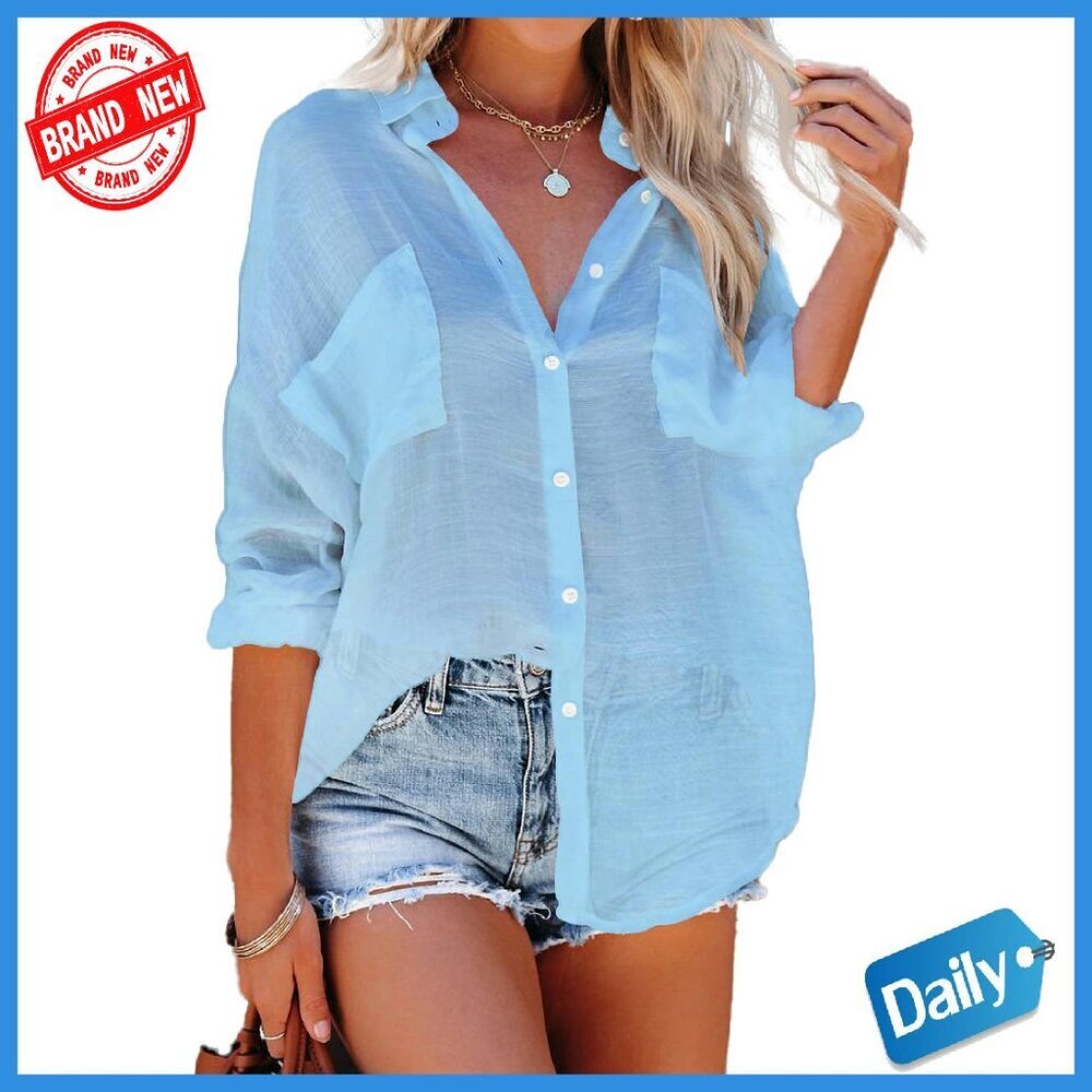 Long Sleeve Button Down Beach Cover Up Shirt One Size Polyester